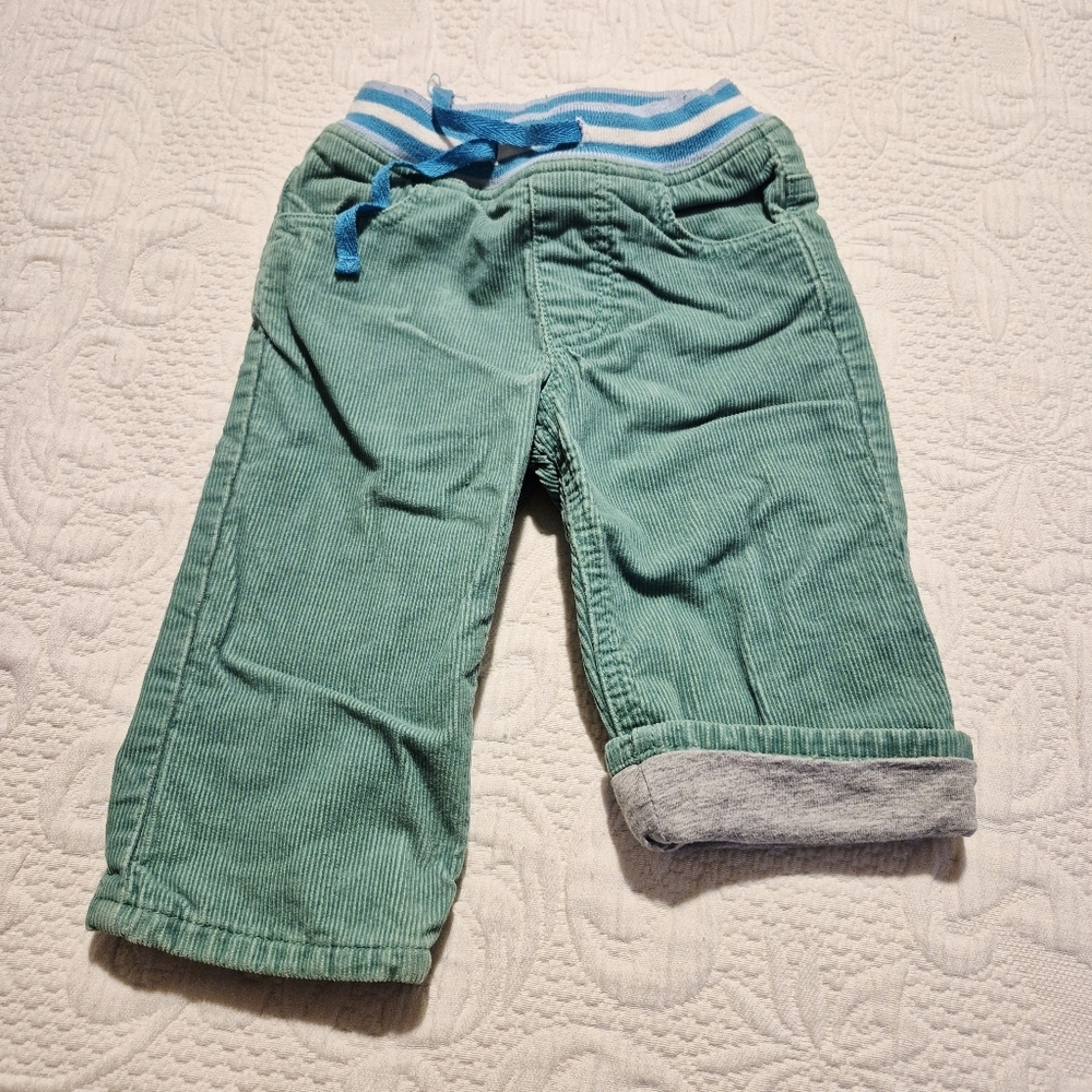 Baby Boden 12-18 months green corduroy pants gray jersey lined VGUC